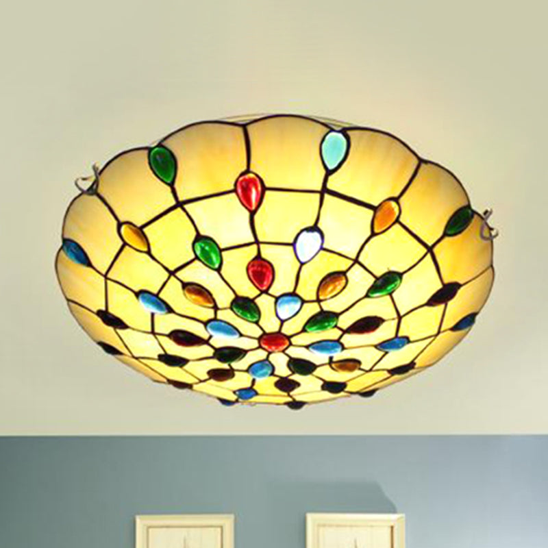 Beige/Yellow Bowl Flush Mount Light Rustic Loft Stained Glass 12"/16"/19.5" W Bedroom Flush Ceiling Light with Jewel Decoration Beige Clearhalo 'Ceiling Lights' 'Close To Ceiling Lights' 'Close to ceiling' 'Glass shade' 'Glass' 'Semi-flushmount' 'Tiffany close to ceiling' 'Tiffany' Lighting' 252573
