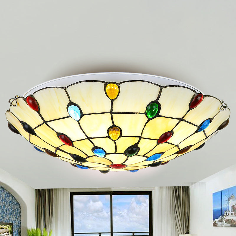 Beige/Yellow Bowl Flush Mount Light Rustic Loft Stained Glass 12"/16"/19.5" W Bedroom Flush Ceiling Light with Jewel Decoration Yellow Clearhalo 'Ceiling Lights' 'Close To Ceiling Lights' 'Close to ceiling' 'Glass shade' 'Glass' 'Semi-flushmount' 'Tiffany close to ceiling' 'Tiffany' Lighting' 252574