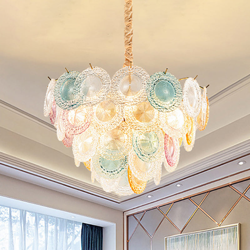 European Style Multi-Colored Chandelier Circle Panel 11 Lights Crystal Ceiling Pendant for Bedroom Clearhalo 'Ceiling Lights' 'Chandeliers' 'Clear' 'Glass shade' 'Glass' 'Industrial' 'Modern Chandeliers' 'Modern' 'Tiffany' 'Traditional Chandeliers' Lighting' 252644