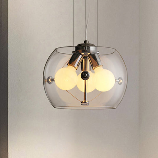 Post-modern Orb Pendant Light with Drum Shade 3 Bulbs Glass Chandelier for Study Room Clear Clearhalo 'Ceiling Lights' 'Chandeliers' 'Clear' 'Glass shade' 'Glass' 'Industrial' 'Modern Chandeliers' 'Modern' 'Tiffany' 'Traditional Chandeliers' Lighting' 252667