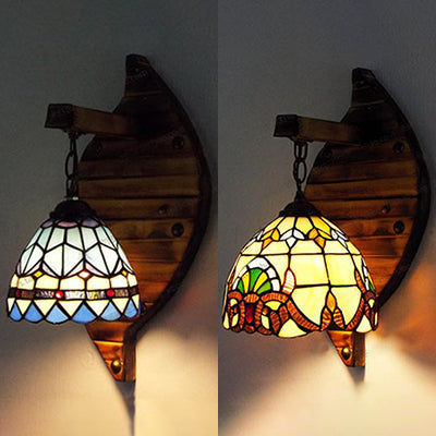 Industrial Vintage Domed Wall Light Stained Glass 1 Light Hanging Wall Sconce in Beige/Blue for Corridor Clearhalo 'Industrial' 'Middle century wall lights' 'Tiffany wall lights' 'Tiffany' 'Wall Lamps & Sconces' 'Wall Lights' Lighting' 25268