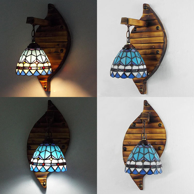 Industrial Vintage Domed Wall Light Stained Glass 1 Light Hanging Wall Sconce in Beige/Blue for Corridor Clearhalo 'Industrial' 'Middle century wall lights' 'Tiffany wall lights' 'Tiffany' 'Wall Lamps & Sconces' 'Wall Lights' Lighting' 25270