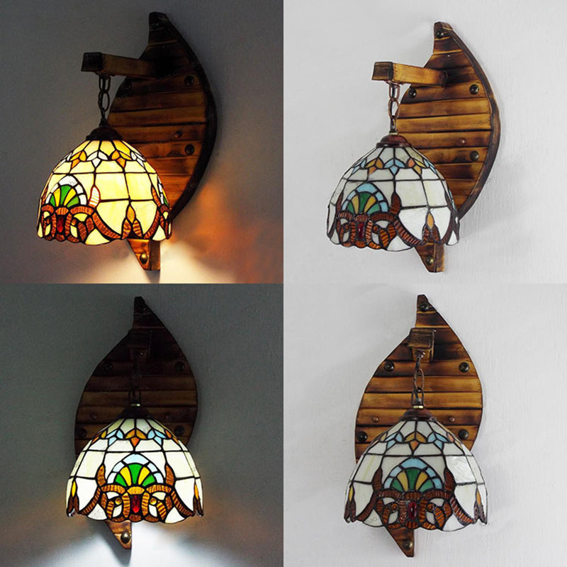 Industrial Vintage Domed Wall Light Stained Glass 1 Light Hanging Wall Sconce in Beige/Blue for Corridor Clearhalo 'Industrial' 'Middle century wall lights' 'Tiffany wall lights' 'Tiffany' 'Wall Lamps & Sconces' 'Wall Lights' Lighting' 25272