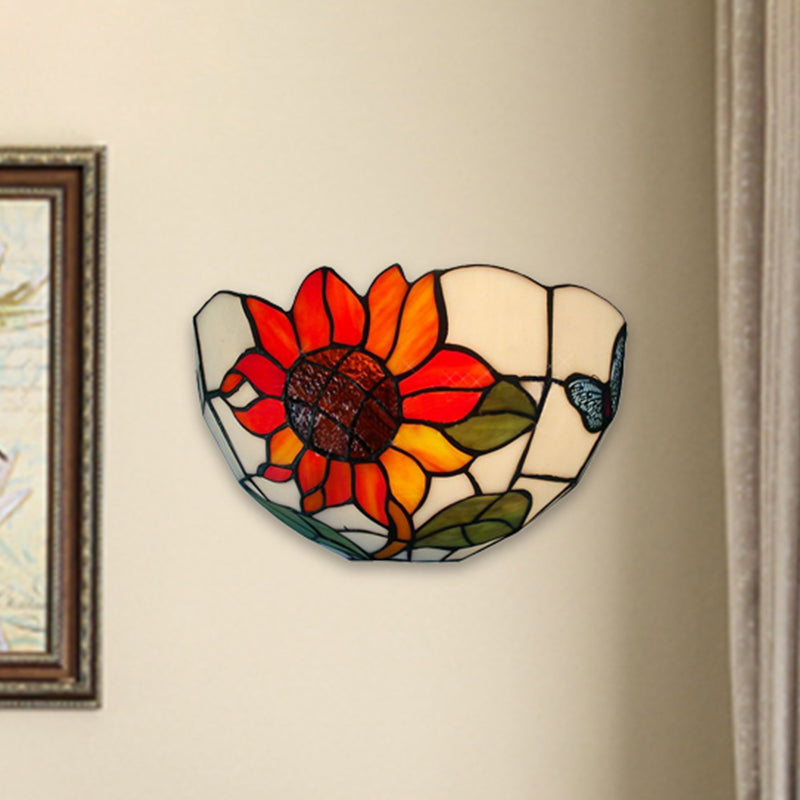 Sunflower Wall Lighting with Bowl Shade Stained Glass Rustic Tiffany Sconce Light Clearhalo 'Industrial' 'Middle century wall lights' 'Tiffany wall lights' 'Tiffany' 'Wall Lamps & Sconces' 'Wall Lights' Lighting' 252751
