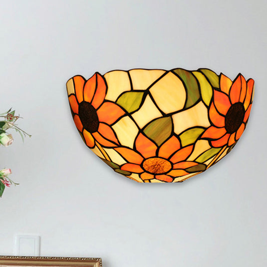 Sunflower Wall Lighting with Bowl Shade Stained Glass Rustic Tiffany Sconce Light Beige Clearhalo 'Industrial' 'Middle century wall lights' 'Tiffany wall lights' 'Tiffany' 'Wall Lamps & Sconces' 'Wall Lights' Lighting' 252752