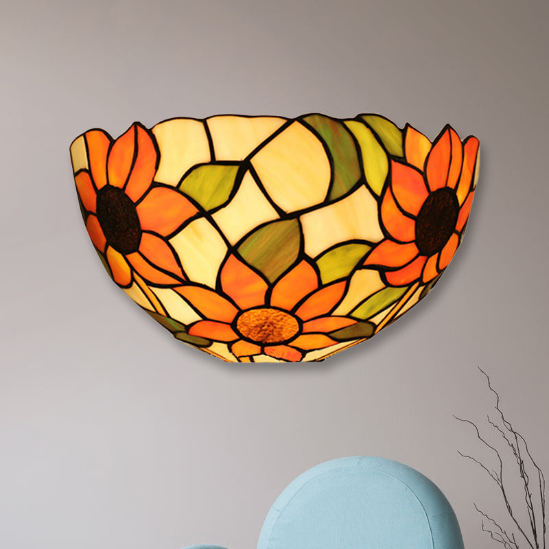 Sunflower Wall Lighting with Bowl Shade Stained Glass Rustic Tiffany Sconce Light Clearhalo 'Industrial' 'Middle century wall lights' 'Tiffany wall lights' 'Tiffany' 'Wall Lamps & Sconces' 'Wall Lights' Lighting' 252753