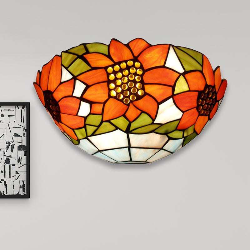 Sunflower Wall Lighting with Bowl Shade Stained Glass Rustic Tiffany Sconce Light Light Blue Clearhalo 'Industrial' 'Middle century wall lights' 'Tiffany wall lights' 'Tiffany' 'Wall Lamps & Sconces' 'Wall Lights' Lighting' 252754