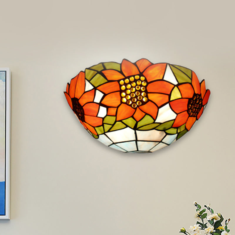 Sunflower Wall Lighting with Bowl Shade Stained Glass Rustic Tiffany Sconce Light Clearhalo 'Industrial' 'Middle century wall lights' 'Tiffany wall lights' 'Tiffany' 'Wall Lamps & Sconces' 'Wall Lights' Lighting' 252755