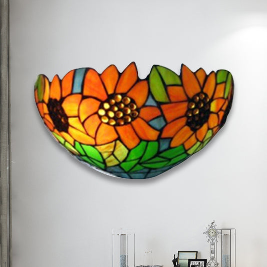 Sunflower Wall Lighting with Bowl Shade Stained Glass Rustic Tiffany Sconce Light Dark Blue Clearhalo 'Industrial' 'Middle century wall lights' 'Tiffany wall lights' 'Tiffany' 'Wall Lamps & Sconces' 'Wall Lights' Lighting' 252756