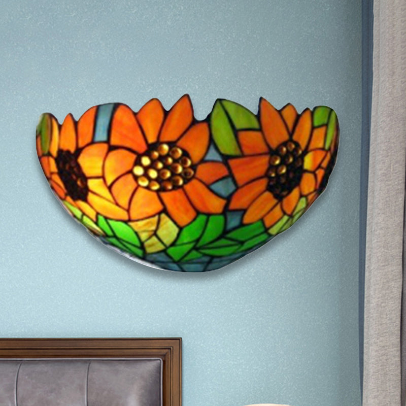 Sunflower Wall Lighting with Bowl Shade Stained Glass Rustic Tiffany Sconce Light Clearhalo 'Industrial' 'Middle century wall lights' 'Tiffany wall lights' 'Tiffany' 'Wall Lamps & Sconces' 'Wall Lights' Lighting' 252757