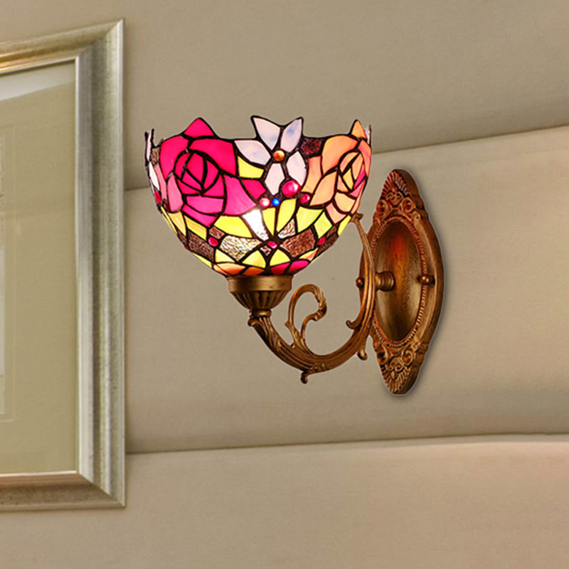 Lodge Flower Wall Sconce Lighting with Curved Arm 1 Light Mini Wall Lighting for Living Room Clearhalo 'Industrial' 'Middle century wall lights' 'Tiffany wall lights' 'Tiffany' 'Wall Lamps & Sconces' 'Wall Lights' Lighting' 252769
