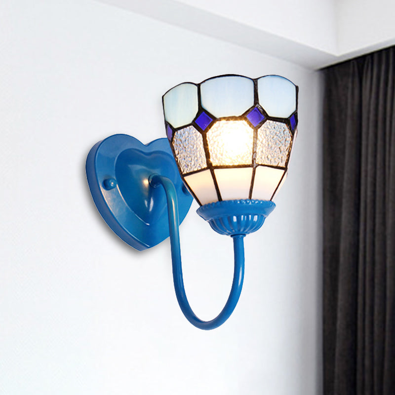 1 Head Bathroom Sconce Light Fixture Tiffany Blue/White/Antique Brass Wall Mounted Light with Dome Dimple Glass Shade Blue Clearhalo 'Industrial' 'Middle century wall lights' 'Tiffany wall lights' 'Tiffany' 'Wall Lamps & Sconces' 'Wall Lights' Lighting' 252783