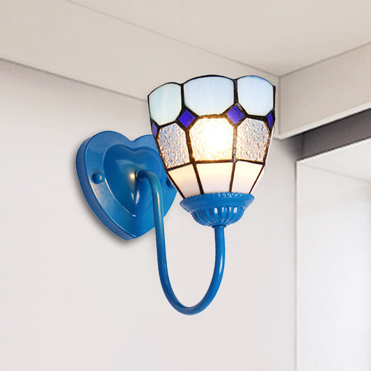 1 Head Bathroom Sconce Light Fixture Tiffany Blue/White/Antique Brass Wall Mounted Light with Dome Dimple Glass Shade Clearhalo 'Industrial' 'Middle century wall lights' 'Tiffany wall lights' 'Tiffany' 'Wall Lamps & Sconces' 'Wall Lights' Lighting' 252784