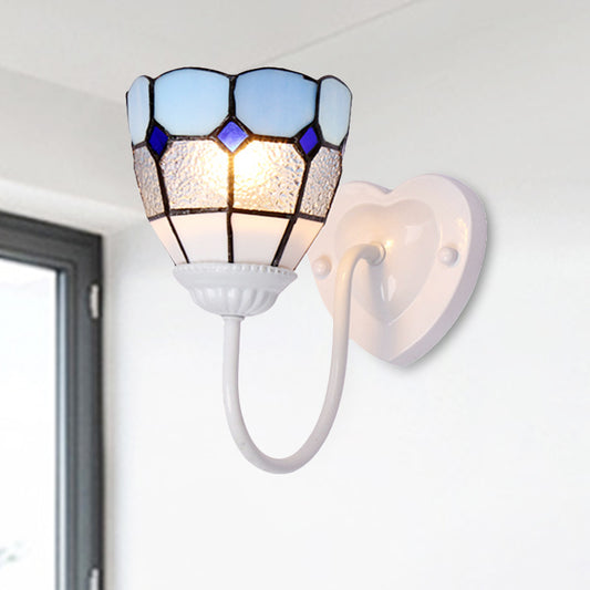 1 Head Bathroom Sconce Light Fixture Tiffany Blue/White/Antique Brass Wall Mounted Light with Dome Dimple Glass Shade White Clearhalo 'Industrial' 'Middle century wall lights' 'Tiffany wall lights' 'Tiffany' 'Wall Lamps & Sconces' 'Wall Lights' Lighting' 252786