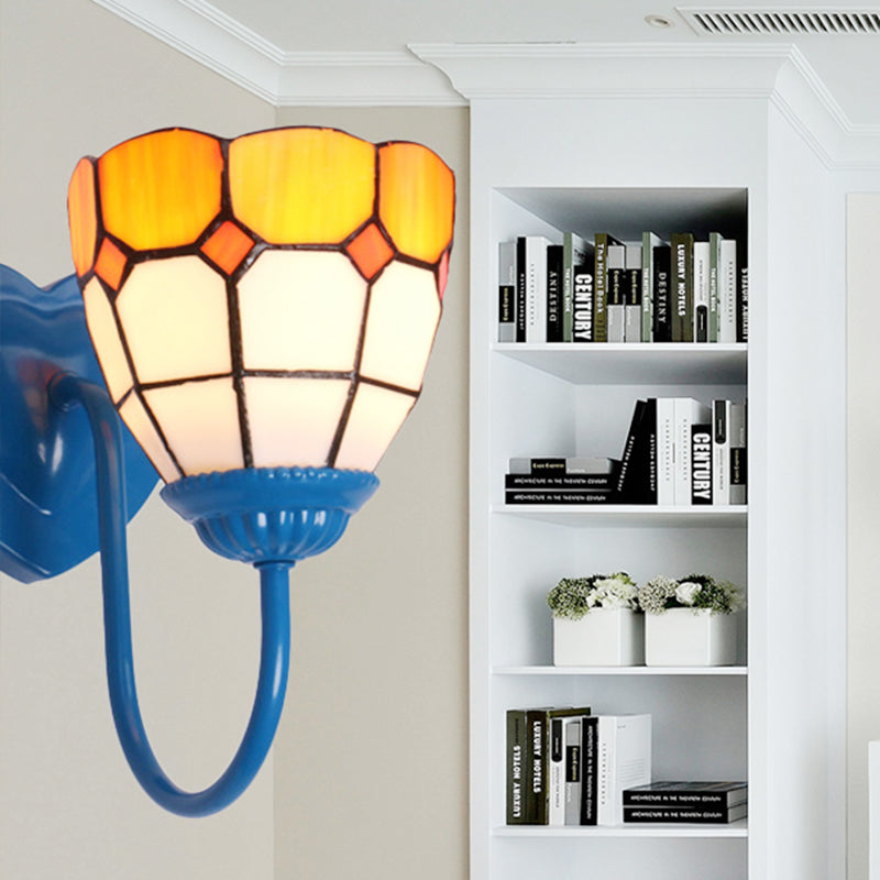 Dome Wall Mount Light Baroque Yellow Glass 1 Head White/Blue/Antique Brass Sconce Light for Hallway Blue Clearhalo 'Industrial' 'Middle century wall lights' 'Tiffany wall lights' 'Tiffany' 'Wall Lamps & Sconces' 'Wall Lights' Lighting' 252824