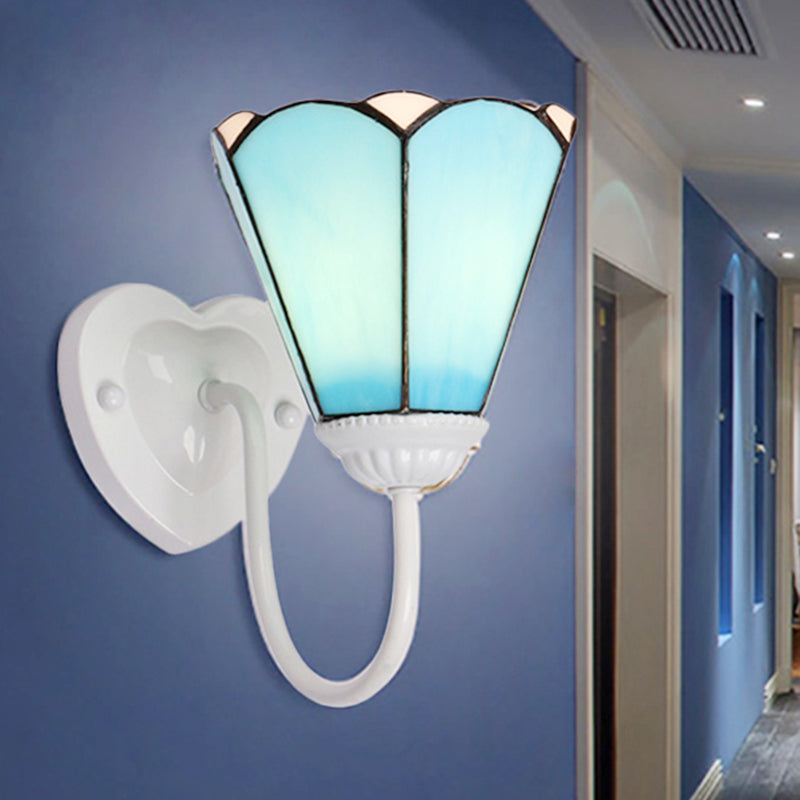 1 Head Hallway Wall Light Fixture Mediterranean White/Gold/Blue Sconce Lighting with Lily Blue Glass Shade White Clearhalo 'Industrial' 'Middle century wall lights' 'Tiffany wall lights' 'Tiffany' 'Wall Lamps & Sconces' 'Wall Lights' Lighting' 252825