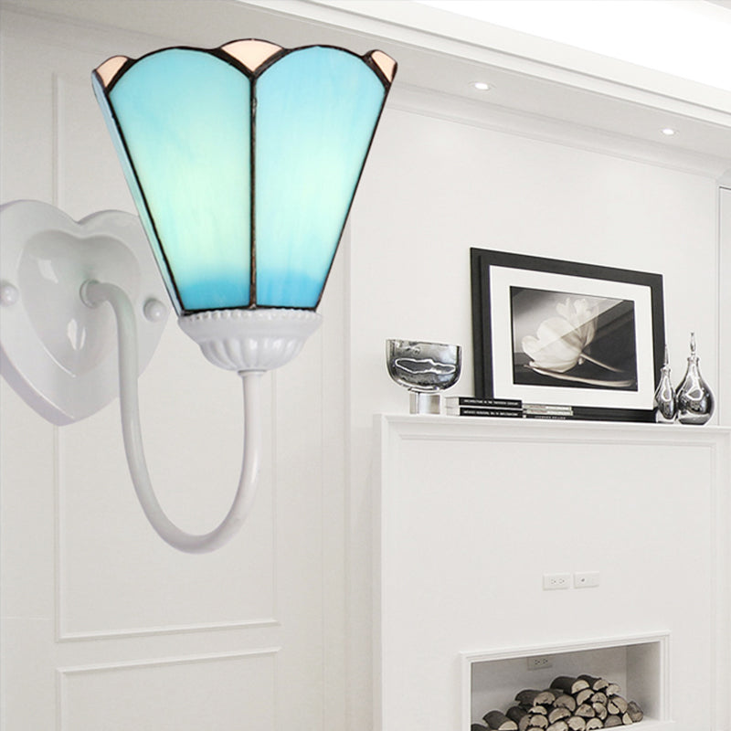1 Head Hallway Wall Light Fixture Mediterranean White/Gold/Blue Sconce Lighting with Lily Blue Glass Shade Clearhalo 'Industrial' 'Middle century wall lights' 'Tiffany wall lights' 'Tiffany' 'Wall Lamps & Sconces' 'Wall Lights' Lighting' 252826
