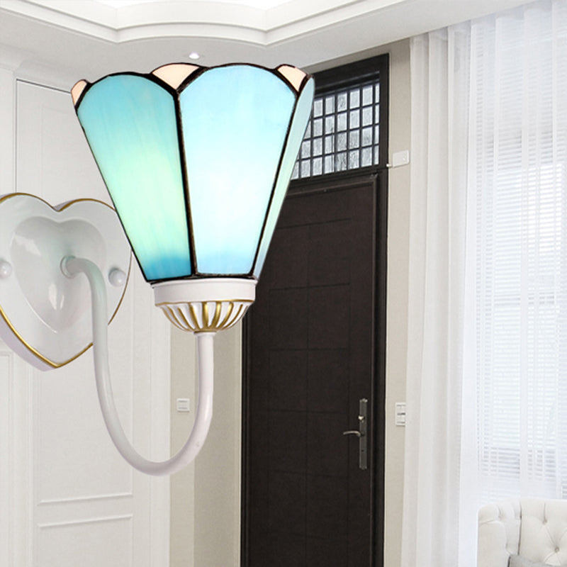 1 Head Hallway Wall Light Fixture Mediterranean White/Gold/Blue Sconce Lighting with Lily Blue Glass Shade Gold Clearhalo 'Industrial' 'Middle century wall lights' 'Tiffany wall lights' 'Tiffany' 'Wall Lamps & Sconces' 'Wall Lights' Lighting' 252827