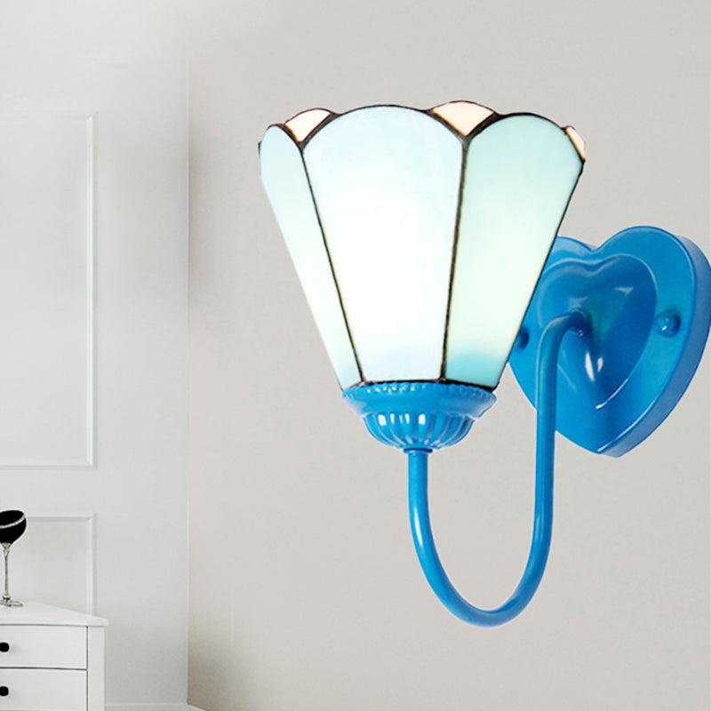 1 Head Hallway Wall Light Fixture Mediterranean White/Gold/Blue Sconce Lighting with Lily Blue Glass Shade Blue Clearhalo 'Industrial' 'Middle century wall lights' 'Tiffany wall lights' 'Tiffany' 'Wall Lamps & Sconces' 'Wall Lights' Lighting' 252828