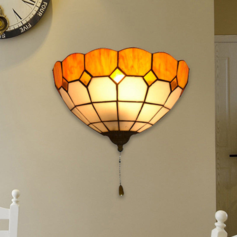 Tiffany Bowl Sconce Lighting with Pull Switch Stained Glass 1 Light Wall Lighting Clearhalo 'Industrial' 'Middle century wall lights' 'Tiffany wall lights' 'Tiffany' 'Wall Lamps & Sconces' 'Wall Lights' Lighting' 252832