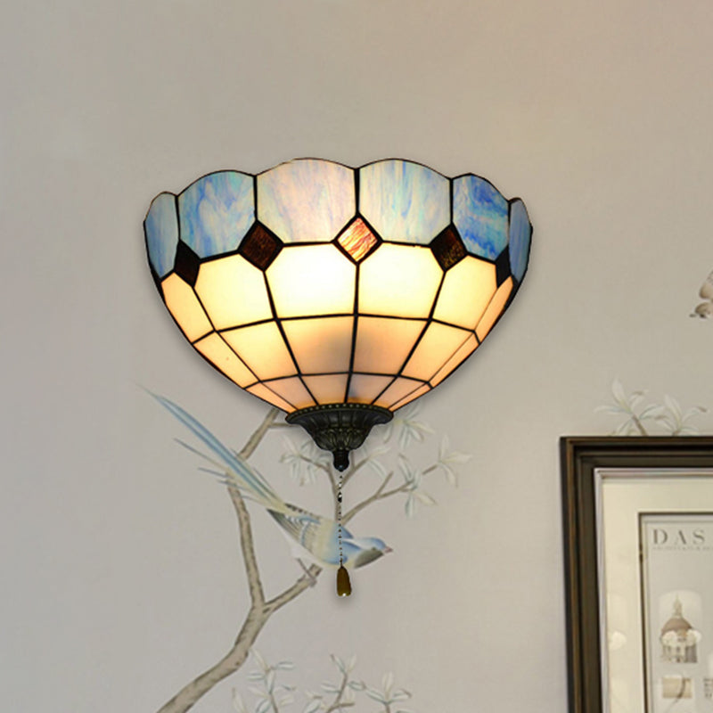 Tiffany Bowl Sconce Lighting with Pull Switch Stained Glass 1 Light Wall Lighting Clearhalo 'Industrial' 'Middle century wall lights' 'Tiffany wall lights' 'Tiffany' 'Wall Lamps & Sconces' 'Wall Lights' Lighting' 252834