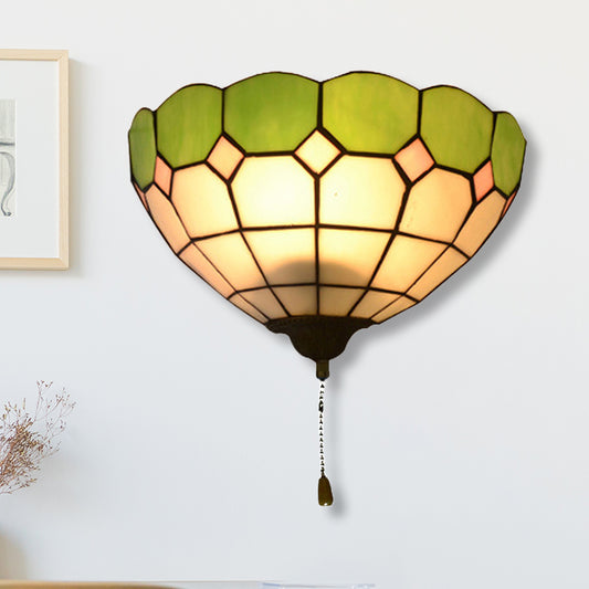 Tiffany Bowl Sconce Lighting with Pull Switch Stained Glass 1 Light Wall Lighting Green Clearhalo 'Industrial' 'Middle century wall lights' 'Tiffany wall lights' 'Tiffany' 'Wall Lamps & Sconces' 'Wall Lights' Lighting' 252835