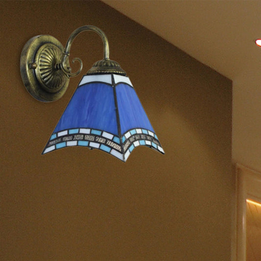 Blue Pyramid Wall Lighting Nautical Mission 1 Light Stained Glass Wall Mount Light for Foyer Blue Arc Clearhalo 'Industrial' 'Middle century wall lights' 'Tiffany wall lights' 'Tiffany' 'Wall Lamps & Sconces' 'Wall Lights' Lighting' 252844