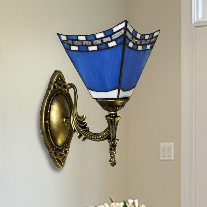 Blue Pyramid Wall Lighting Nautical Mission 1 Light Stained Glass Wall Mount Light for Foyer Blue Straight Clearhalo 'Industrial' 'Middle century wall lights' 'Tiffany wall lights' 'Tiffany' 'Wall Lamps & Sconces' 'Wall Lights' Lighting' 252846