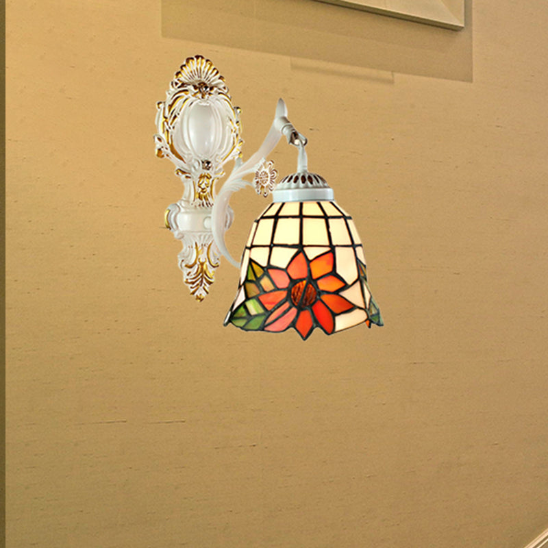Bell Shade Tiffany Wall Lamp Stained Glass 1 Light Wall Sconce Lighting in White White Sunflower Clearhalo 'Industrial' 'Middle century wall lights' 'Tiffany wall lights' 'Tiffany' 'Wall Lamps & Sconces' 'Wall Lights' Lighting' 252867