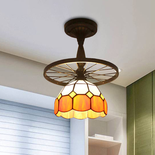 1 Head Grid Dome Ceiling Light with Sunflower/Victorian/Diamond/Square Pattern Tiffany Antique Glass Semi Flush Mount Light in Orange for Hallway Orange Square Clearhalo 'Ceiling Lights' 'Close To Ceiling Lights' 'Close to ceiling' 'Glass shade' 'Glass' 'Semi-flushmount' 'Tiffany close to ceiling' 'Tiffany' Lighting' 252902