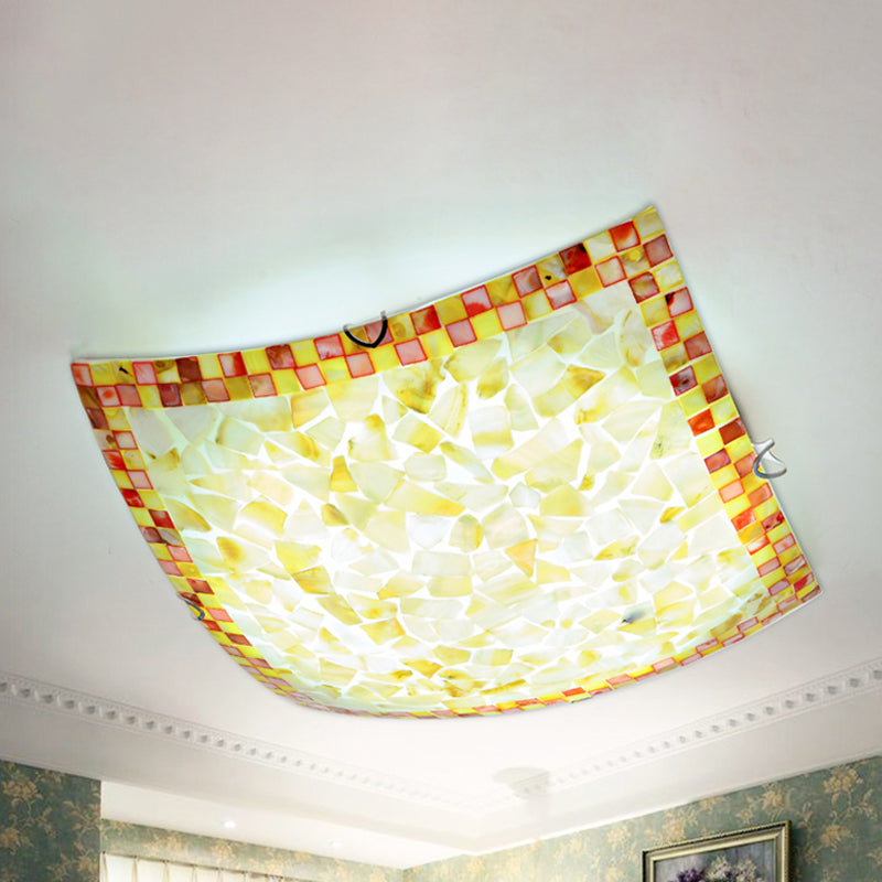 Beige/White/Light Gray Shell Curved Square Ceiling Mount Light Tiffany Mosaic 12"/16" W LED Ceiling Lamp for Corridor Beige Clearhalo 'Ceiling Lights' 'Chandeliers' 'Close To Ceiling Lights' 'Close to ceiling' 'Glass shade' 'Glass' 'Semi-flushmount' 'Tiffany close to ceiling' 'Tiffany' Lighting' 252919
