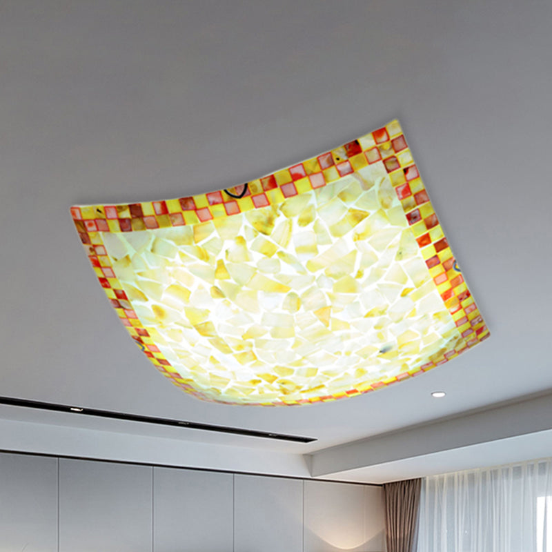 Beige/White/Light Gray Shell Curved Square Ceiling Mount Light Tiffany Mosaic 12"/16" W LED Ceiling Lamp for Corridor Clearhalo 'Ceiling Lights' 'Chandeliers' 'Close To Ceiling Lights' 'Close to ceiling' 'Glass shade' 'Glass' 'Semi-flushmount' 'Tiffany close to ceiling' 'Tiffany' Lighting' 252920