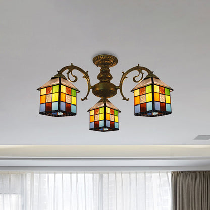 3/5/6 Lights Vintage Tiffany House Chandelier Stained Glass Pendant Light for Restaurant Library 3 Antique Bronze Clearhalo 'Ceiling Lights' 'Close To Ceiling Lights' 'Close to ceiling' 'Glass shade' 'Glass' 'Semi-flushmount' 'Tiffany close to ceiling' 'Tiffany' Lighting' 252922