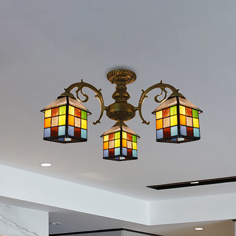 3/5/6 Lights Vintage Tiffany House Chandelier Stained Glass Pendant Light for Restaurant Library Clearhalo 'Ceiling Lights' 'Close To Ceiling Lights' 'Close to ceiling' 'Glass shade' 'Glass' 'Semi-flushmount' 'Tiffany close to ceiling' 'Tiffany' Lighting' 252923