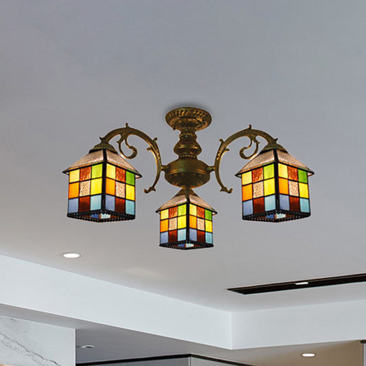 3/5/6 Lights Vintage Tiffany House Chandelier Stained Glass Pendant Light for Restaurant Library Clearhalo 'Ceiling Lights' 'Close To Ceiling Lights' 'Close to ceiling' 'Glass shade' 'Glass' 'Semi-flushmount' 'Tiffany close to ceiling' 'Tiffany' Lighting' 252923