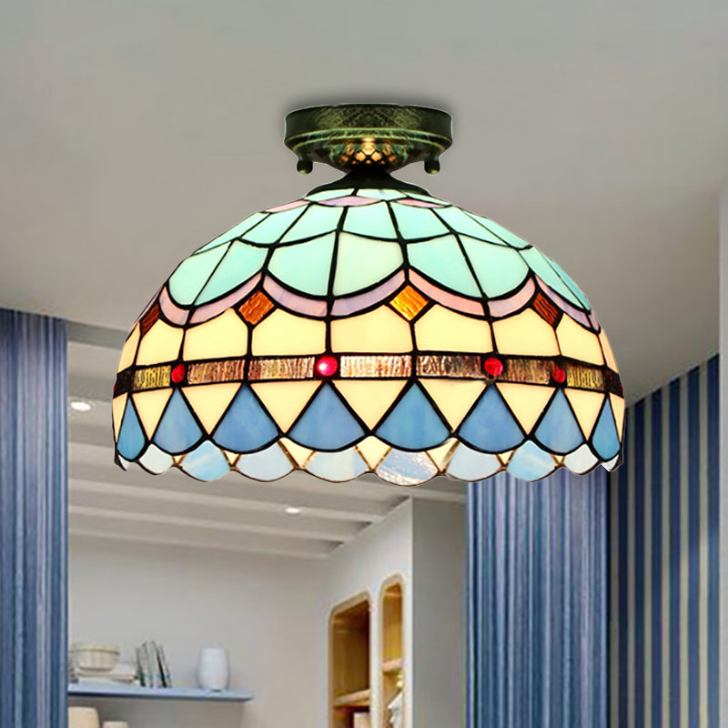 Scalloped Bowl Flush Lighting with Baroque/Gem/Square/Blue Square/Yellow Square Pattern Tiffany Style Stained Glass 1 Bulb Flush Ceiling Light Antique Bronze Baroque Clearhalo 'Ceiling Lights' 'Close To Ceiling Lights' 'Close to ceiling' 'Glass shade' 'Glass' 'Semi-flushmount' 'Tiffany close to ceiling' 'Tiffany' Lighting' 252938