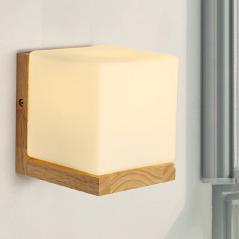 Hotel Restaurant Cube Wall Lamp Opal Glass Wood 1 Light Japanese Style White Wall Lamp Clearhalo 'Modern wall lights' 'Modern' 'Wall Lamps & Sconces' 'Wall Lights' Lighting' 252976