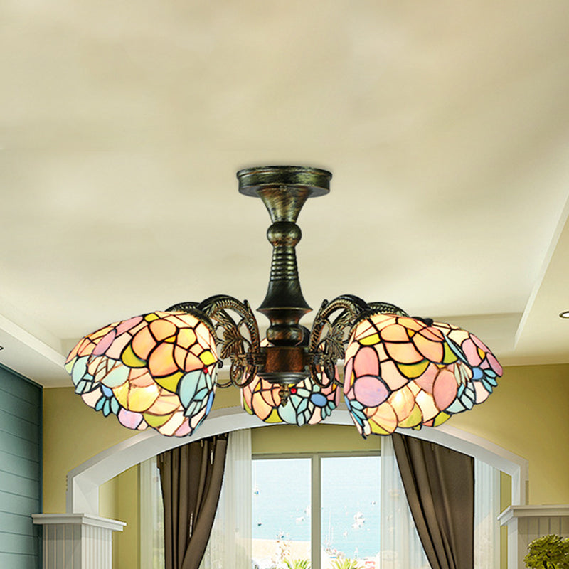 Stained Glass Tiffany Style Leaf/Peacock Tail/Flower Pendant Lighting 3/5 Lights Hanging Ceiling Light in Antique Bronze 5 Antique Bronze Flower Clearhalo 'Ceiling Lights' 'Close To Ceiling Lights' 'Close to ceiling' 'Glass shade' 'Glass' 'Semi-flushmount' 'Tiffany close to ceiling' 'Tiffany' Lighting' 252997