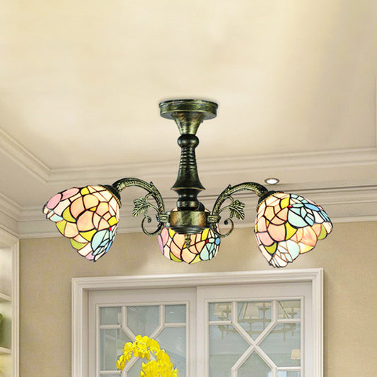 Stained Glass Tiffany Style Leaf/Peacock Tail/Flower Pendant Lighting 3/5 Lights Hanging Ceiling Light in Antique Bronze 3 Antique Bronze Flower Clearhalo 'Ceiling Lights' 'Close To Ceiling Lights' 'Close to ceiling' 'Glass shade' 'Glass' 'Semi-flushmount' 'Tiffany close to ceiling' 'Tiffany' Lighting' 252998