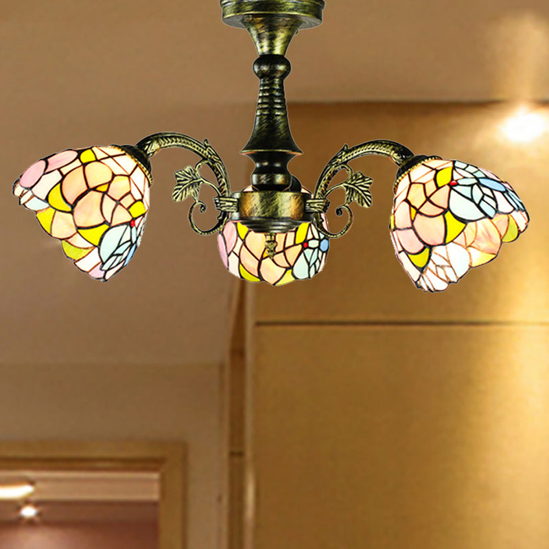 Stained Glass Tiffany Style Leaf/Peacock Tail/Flower Pendant Lighting 3/5 Lights Hanging Ceiling Light in Antique Bronze Clearhalo 'Ceiling Lights' 'Close To Ceiling Lights' 'Close to ceiling' 'Glass shade' 'Glass' 'Semi-flushmount' 'Tiffany close to ceiling' 'Tiffany' Lighting' 252999