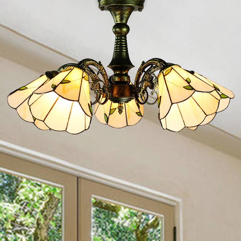 Stained Glass Tiffany Style Leaf/Peacock Tail/Flower Pendant Lighting 3/5 Lights Hanging Ceiling Light in Antique Bronze 5 Antique Bronze Leaf Clearhalo 'Ceiling Lights' 'Close To Ceiling Lights' 'Close to ceiling' 'Glass shade' 'Glass' 'Semi-flushmount' 'Tiffany close to ceiling' 'Tiffany' Lighting' 253000