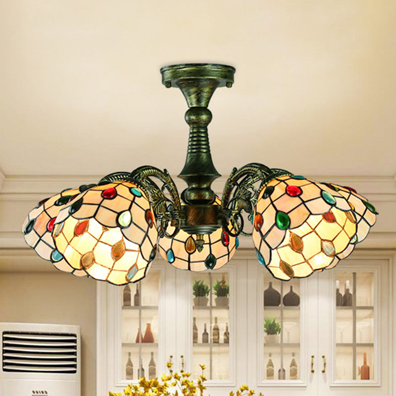 Stained Glass Tiffany Style Leaf/Peacock Tail/Flower Pendant Lighting 3/5 Lights Hanging Ceiling Light in Antique Bronze 5 Antique Bronze Peacock Tail Clearhalo 'Ceiling Lights' 'Close To Ceiling Lights' 'Close to ceiling' 'Glass shade' 'Glass' 'Semi-flushmount' 'Tiffany close to ceiling' 'Tiffany' Lighting' 253003