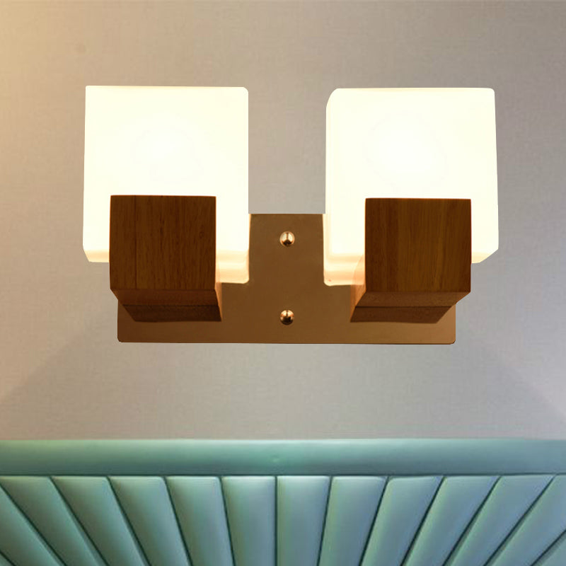 White Cube Sconce Light Japanese Style Simple Opal Glass Wall Lamp for Stair Living Room 2.0 Wood Clearhalo 'Modern wall lights' 'Modern' 'Wall Lamps & Sconces' 'Wall Lights' Lighting' 253006