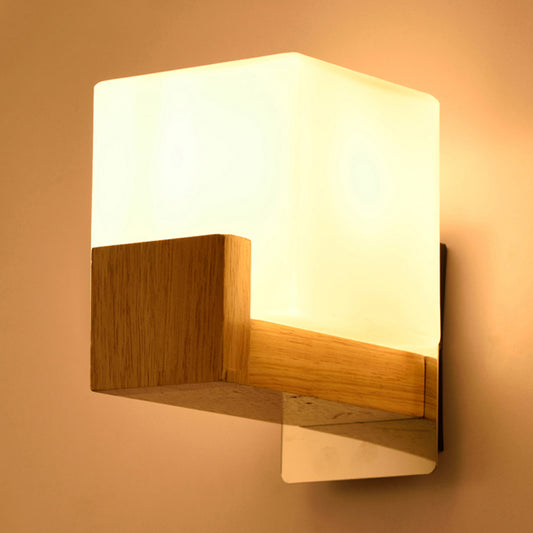 White Cube Sconce Light Japanese Style Simple Opal Glass Wall Lamp for Stair Living Room 1.0 Wood Clearhalo 'Modern wall lights' 'Modern' 'Wall Lamps & Sconces' 'Wall Lights' Lighting' 253008