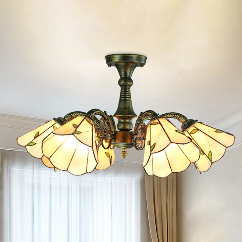 Vintage Rustic Chandelier Light with Shade Up/Down Stained Glass Multi Light Suspension Light with Leaf/Peacock Tail/Flower in Bronze Bronze Down Leaf Clearhalo 'Ceiling Lights' 'Chandeliers' 'Close To Ceiling Lights' 'Close to ceiling' 'Glass shade' 'Glass' 'Semi-flushmount' 'Tiffany close to ceiling' 'Tiffany' Lighting' 253029