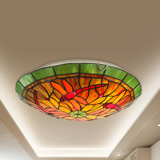 Lodge Dragonfly/Floral Flushmount 3 Bulbs Stained Glass Flush Ceiling Light in Yellow for Living Room Clearhalo 'Ceiling Lights' 'Chandeliers' 'Close To Ceiling Lights' 'Close to ceiling' 'Glass shade' 'Glass' 'Semi-flushmount' 'Tiffany close to ceiling' 'Tiffany' Lighting' 253048