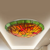 Lodge Dragonfly/Floral Flushmount 3 Bulbs Stained Glass Flush Ceiling Light in Yellow for Living Room - Clearhalo - 'Ceiling Lights' - 'Chandeliers' - 'Close To Ceiling Lights' - 'Close to ceiling' - 'Glass shade' - 'Glass' - 'Semi-flushmount' - 'Tiffany close to ceiling' - 'Tiffany' - Lighting' - 253048