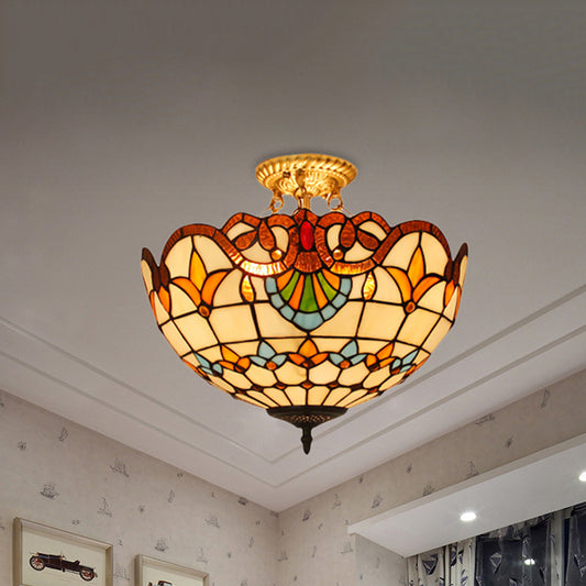 Bowl Semi Flush Light Victorian Style Stained Glass 3 Lights Semi Flushmount in Blue/Brown for Foyer Clearhalo 'Ceiling Lights' 'Close To Ceiling Lights' 'Close to ceiling' 'Glass shade' 'Glass' 'Pendant Lights' 'Semi-flushmount' 'Tiffany close to ceiling' 'Tiffany' Lighting' 253052