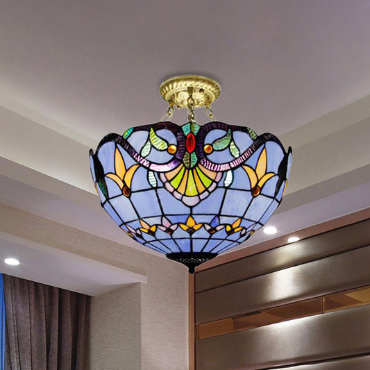 Bowl Semi Flush Light Victorian Style Stained Glass 3 Lights Semi Flushmount in Blue/Brown for Foyer Blue Clearhalo 'Ceiling Lights' 'Close To Ceiling Lights' 'Close to ceiling' 'Glass shade' 'Glass' 'Pendant Lights' 'Semi-flushmount' 'Tiffany close to ceiling' 'Tiffany' Lighting' 253053