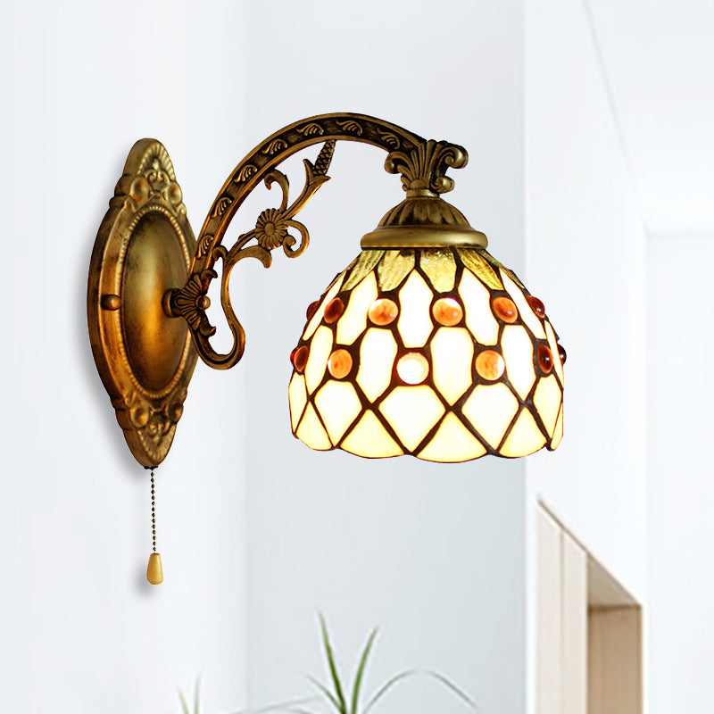 Vintage Dome Wall Mount Light Stained Glass One Light Mini Wall Sconce Light in Brass Yellow Arc Clearhalo 'Industrial' 'Middle century wall lights' 'Tiffany wall lights' 'Tiffany' 'Wall Lamps & Sconces' 'Wall Lights' Lighting' 253054